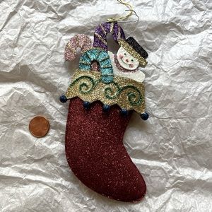Vintage look Christmas Tree Ornament Metal Glittered Stocking Candy Cane Snowman